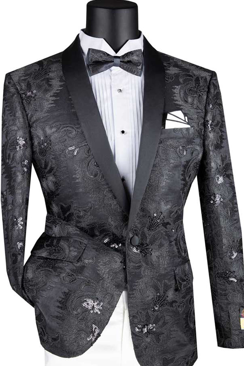 Chaqueta de esmoquin de graduación con lentejuelas y flores brillantes, de corte entallado, para hombre, en negro