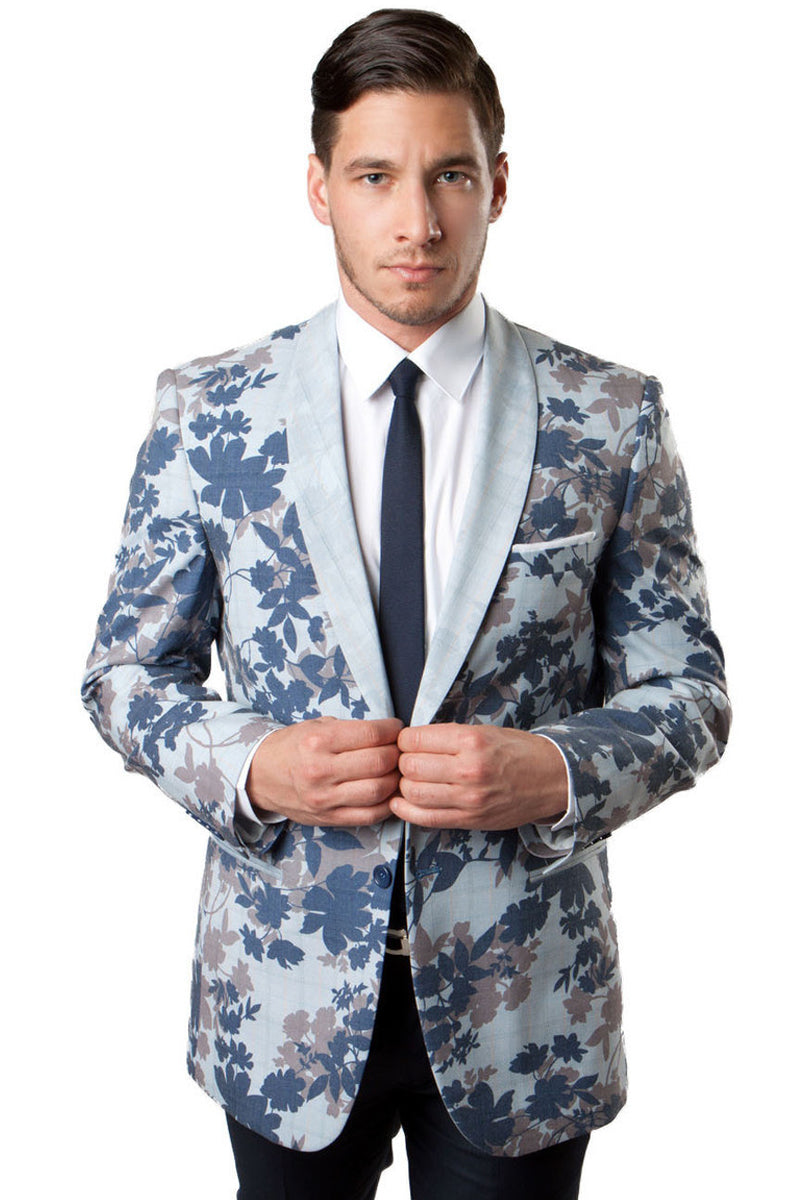 Esmoquin de camuflaje floral de un botón para hombre en azul y plata claro