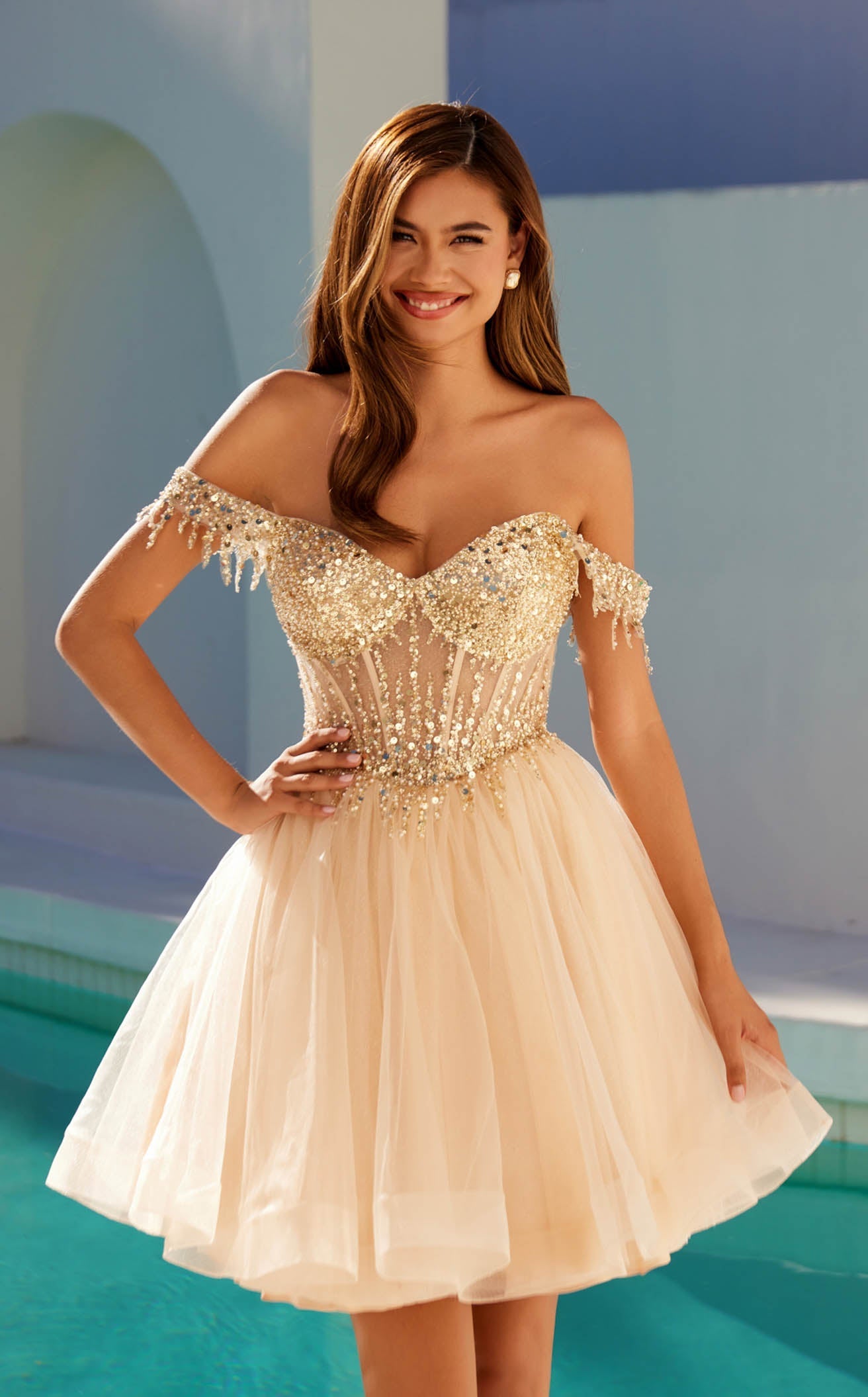 Juliet 947l Off-Shoulder A-Line Satin Mini Dress