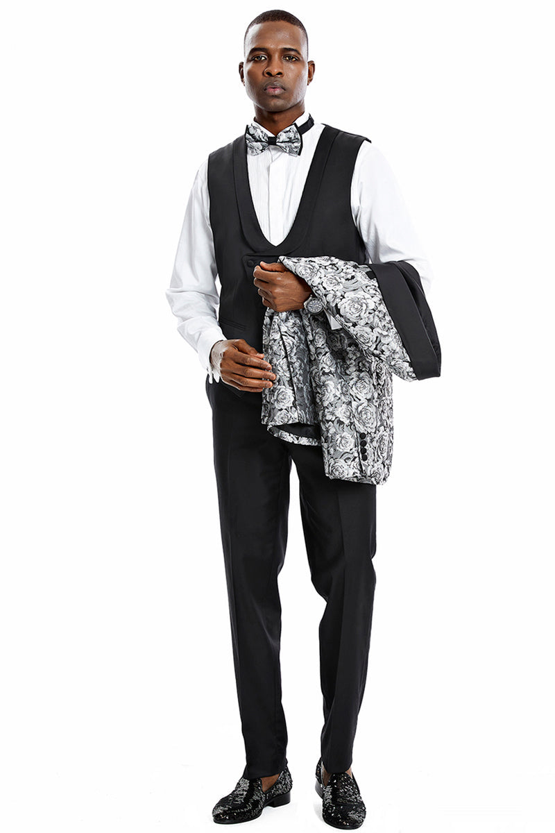 Esmoquin de graduación para hombre, de un botón, ajustado, con estampado floral brillante de cachemira, en color plateado.