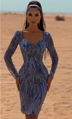 Chic and Holland SD880003 Sweetheart Long Sleeve Beaded Cocktail Dress