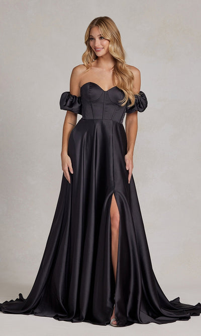 Nox Anabel K1122 Elegant Strapless Sweetheart Gown Featuring Puff Sleeves