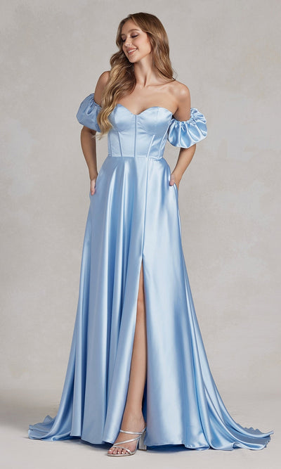 Nox Anabel K1122 Elegant Strapless Sweetheart Gown Featuring Puff Sleeves