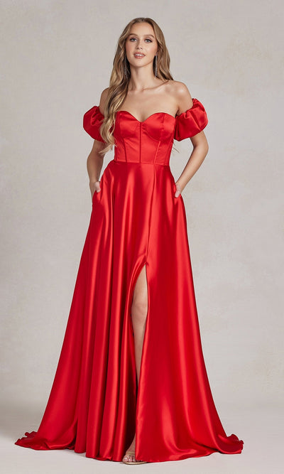 Nox Anabel K1122 Elegant Strapless Sweetheart Gown Featuring Puff Sleeves
