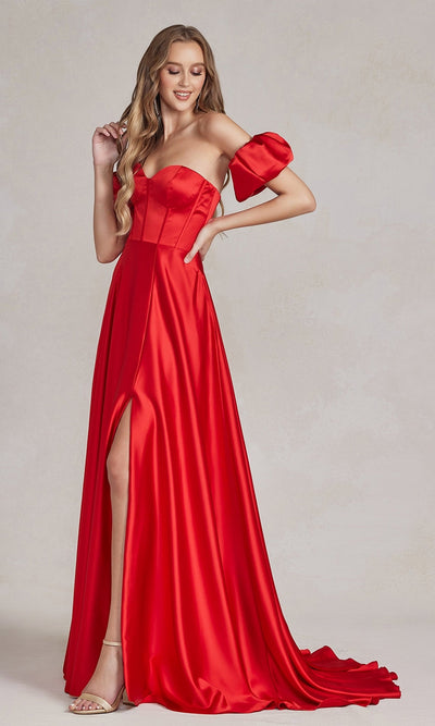 Nox Anabel K1122 Elegant Strapless Sweetheart Gown Featuring Puff Sleeves