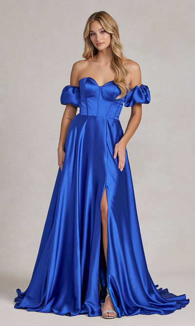 Nox Anabel K1122 Elegant Strapless Sweetheart Gown Featuring Puff Sleeves