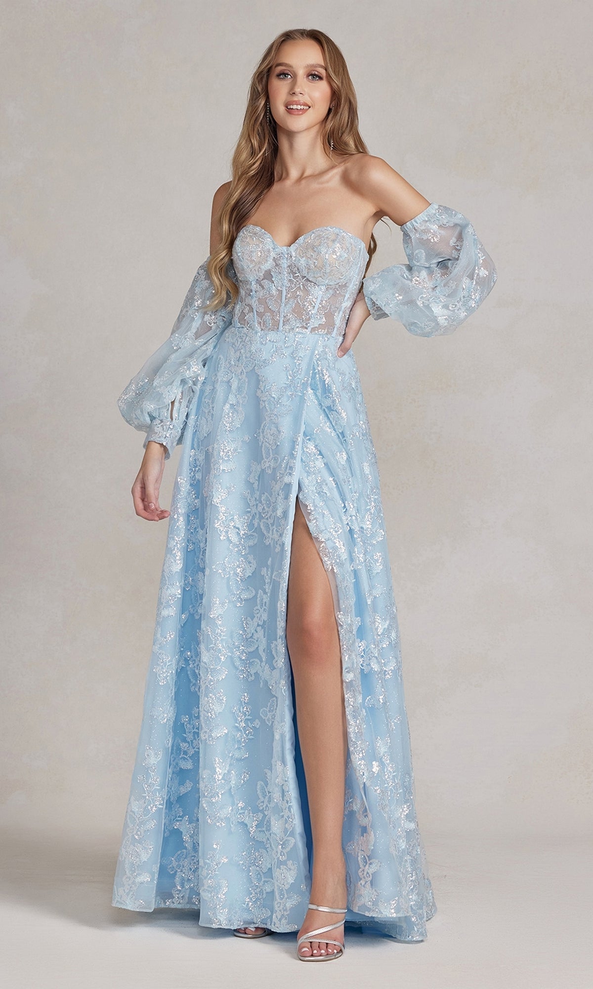 Vestido de fiesta largo con escote transparente y mangas abullonadas K1155