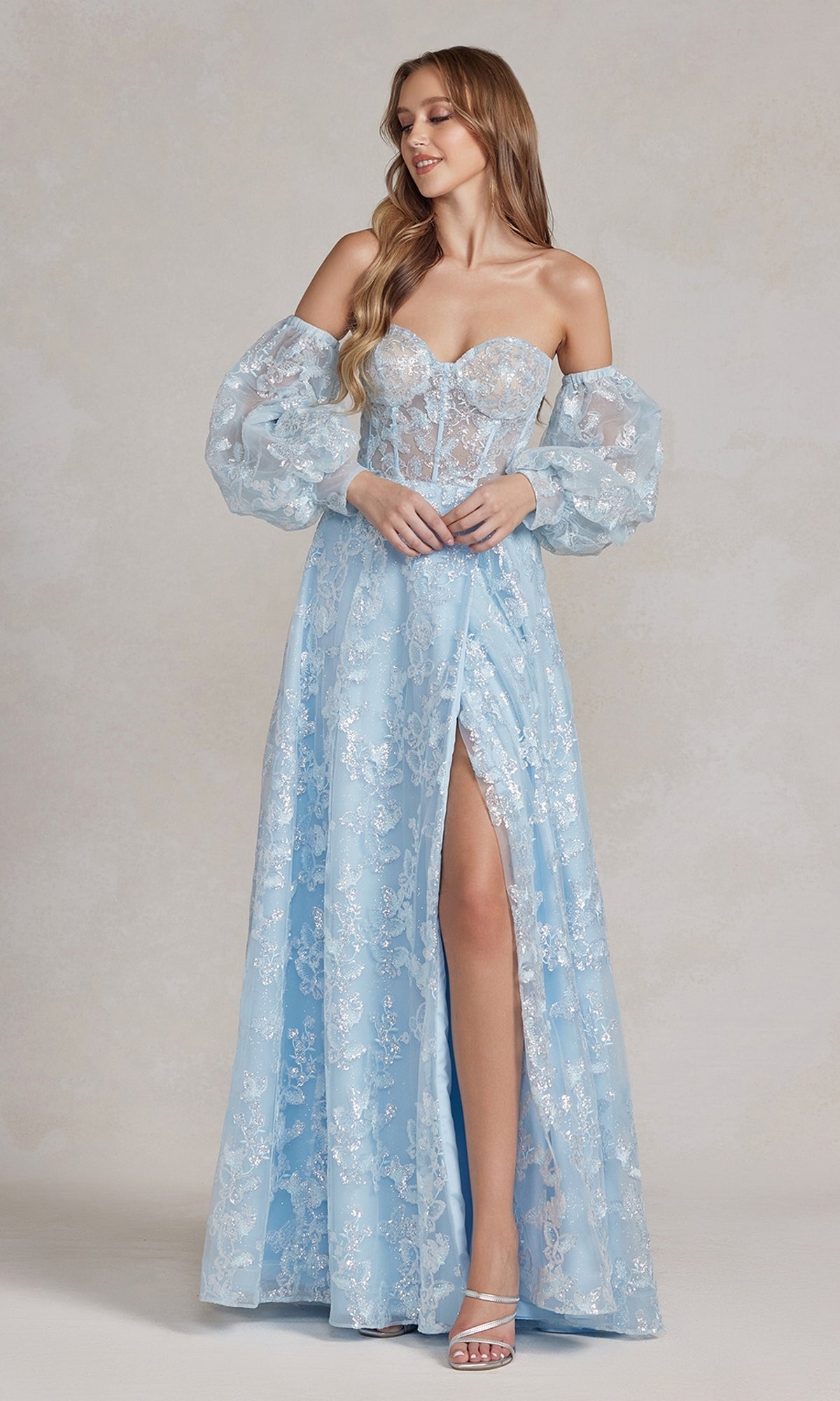 Vestido de fiesta largo con escote transparente y mangas abullonadas K1155