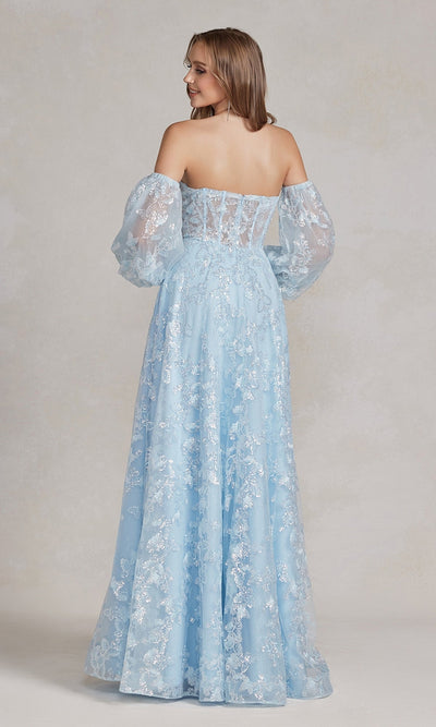 Nox Anabel K1155 Puff-Sleeve Sheer Bodice Long Prom Dress
