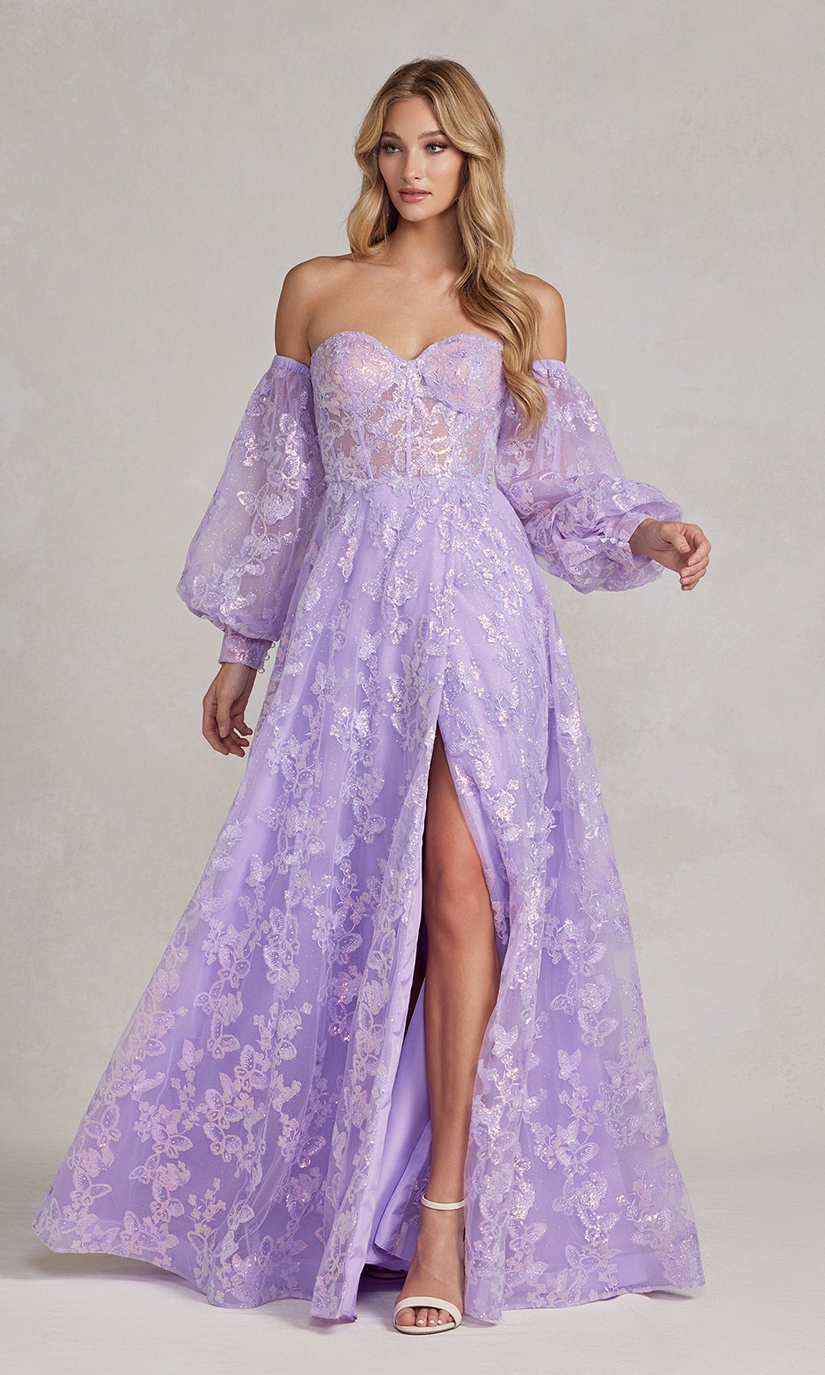 Vestido de fiesta largo con escote transparente y mangas abullonadas K1155