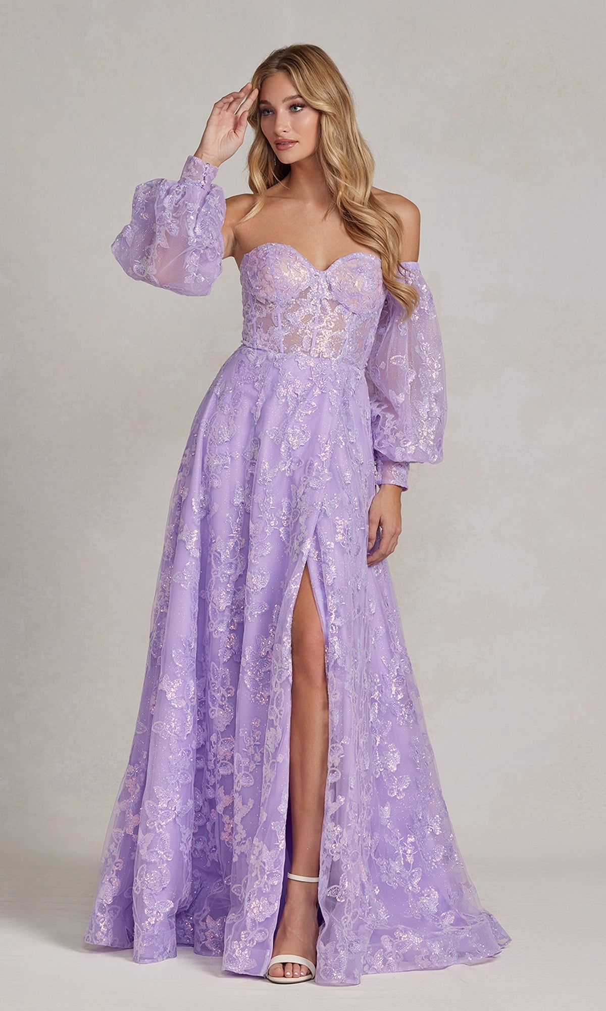 Vestido de fiesta largo con escote transparente y mangas abullonadas K1155