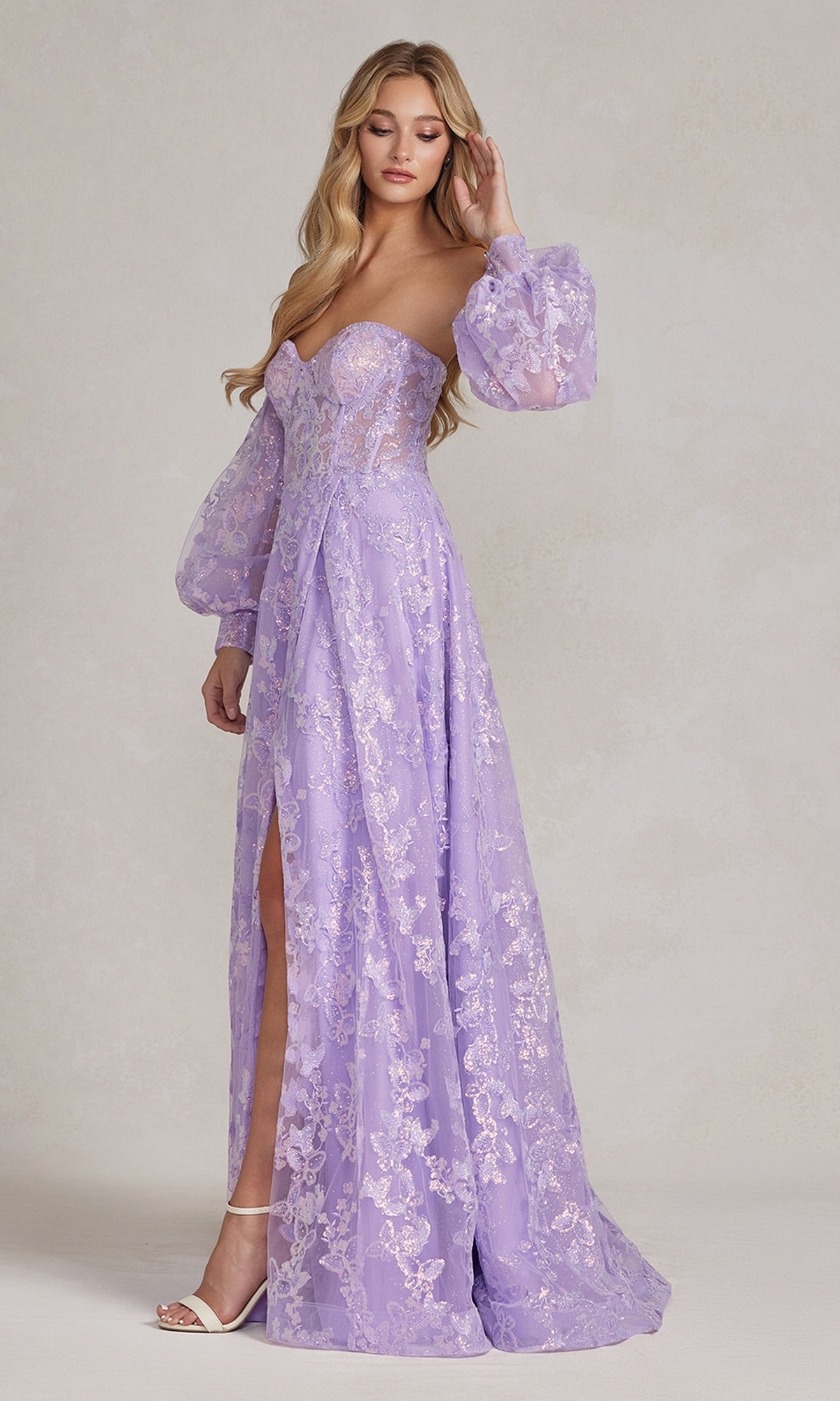Vestido de fiesta largo con escote transparente y mangas abullonadas K1155