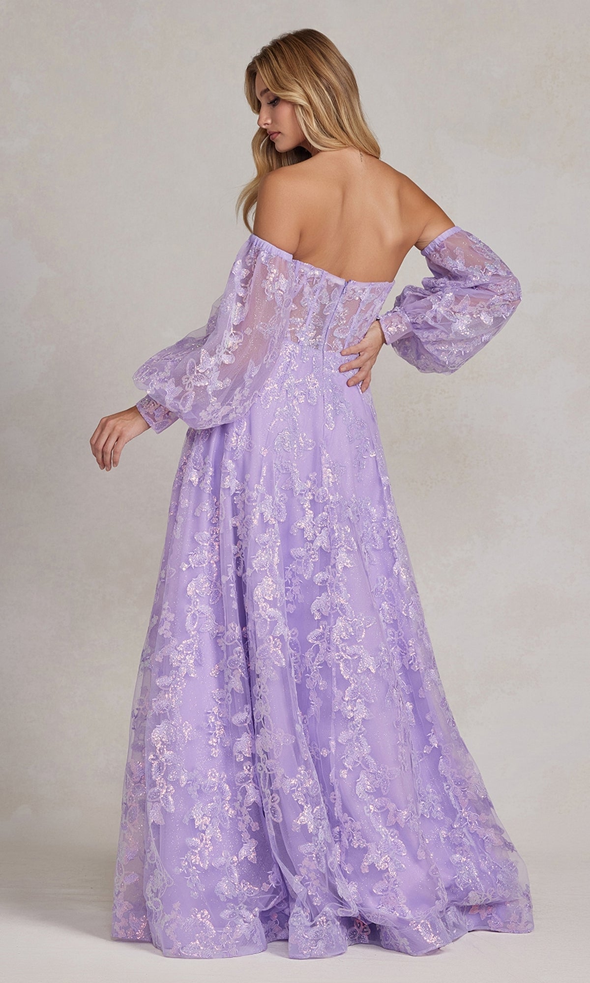 Vestido de fiesta largo con escote transparente y mangas abullonadas K1155