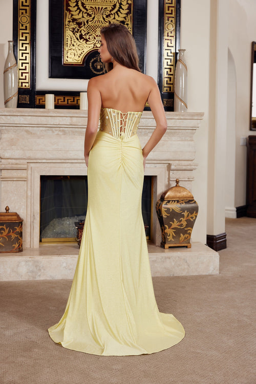 Nox Anabel K1736 Strapless Beaded Fitted Long Corset Evening Gown with Slit