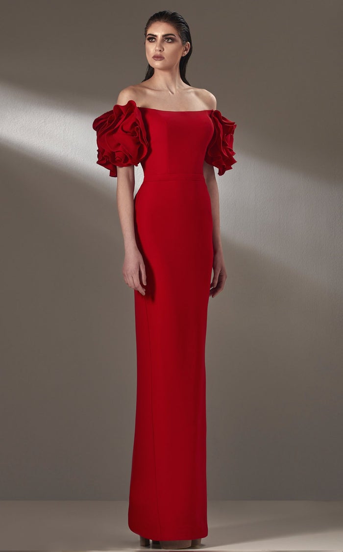 MNM Couture K3875 Off-Shoulder Red Sheath Gown with Puff Sleeves