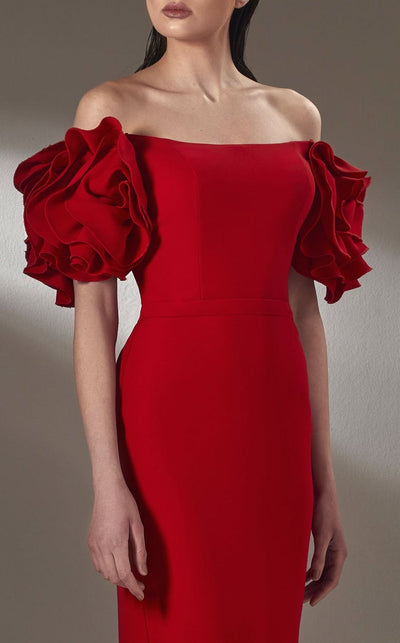 MNM Couture K3875 Off-Shoulder Red Sheath Gown with Puff Sleeves