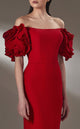 MNM Couture K3875 Off-Shoulder Red Sheath Gown with Puff Sleeves
