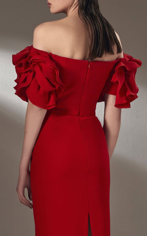 MNM Couture K3875 Off-Shoulder Red Sheath Gown with Puff Sleeves