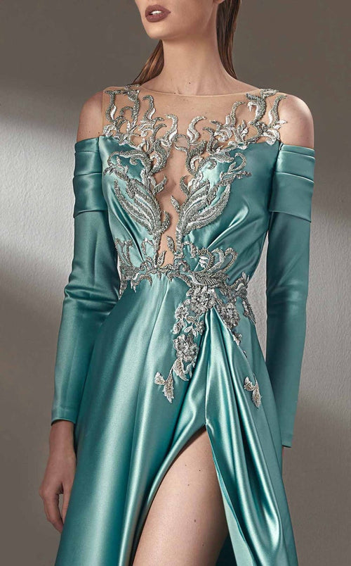 MNM Couture K3886 Aqua Illusion Bateau Gown with Slit