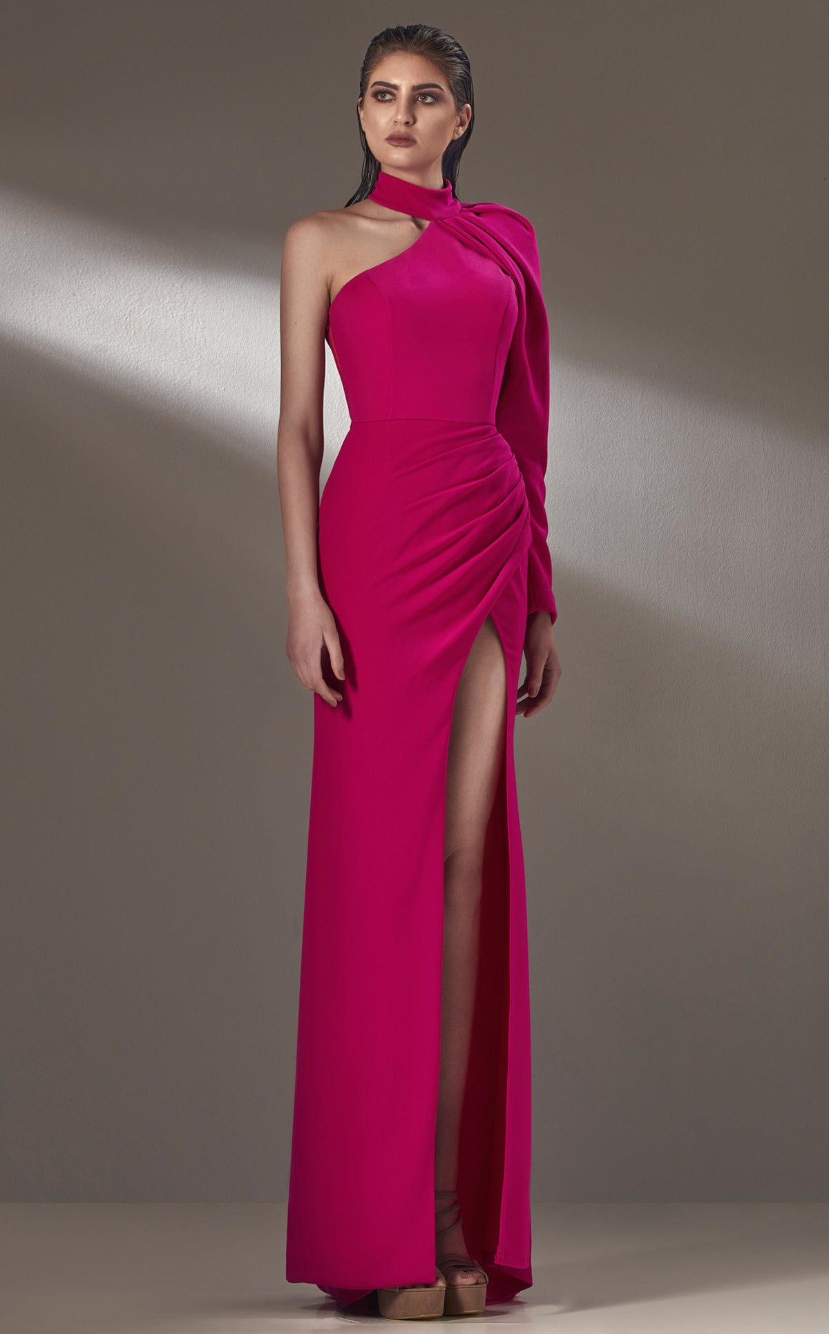 MNM Couture K3892 High Neck Red Sheath Gown with Slit