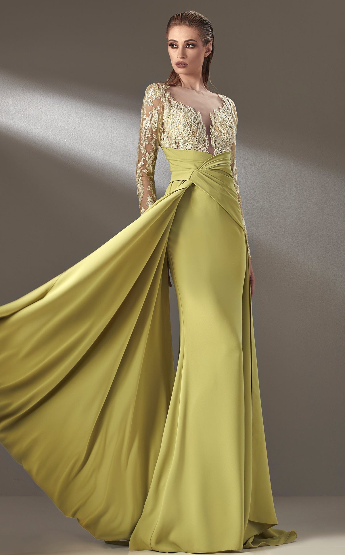 MNM Couture K3893 Blush Long Sleeve Draped Sheath Gown
