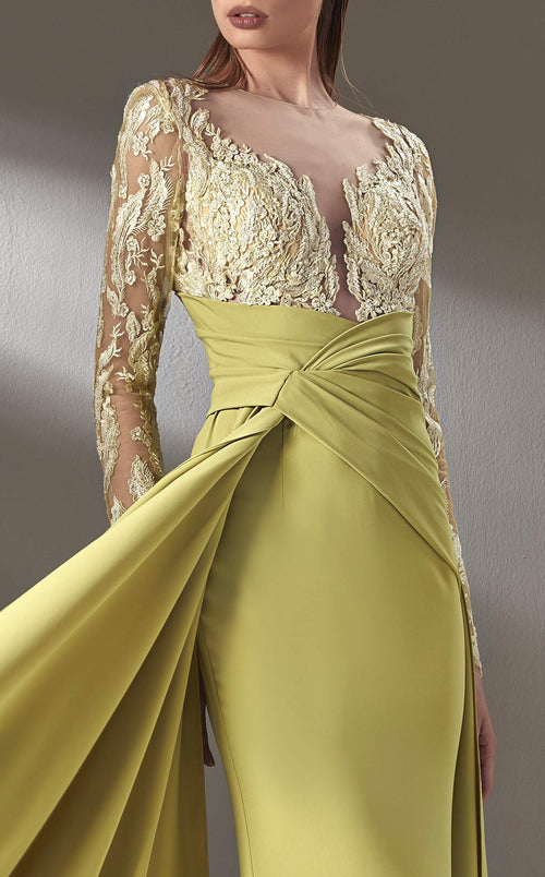MNM Couture K3893 Blush Long Sleeve Draped Sheath Gown