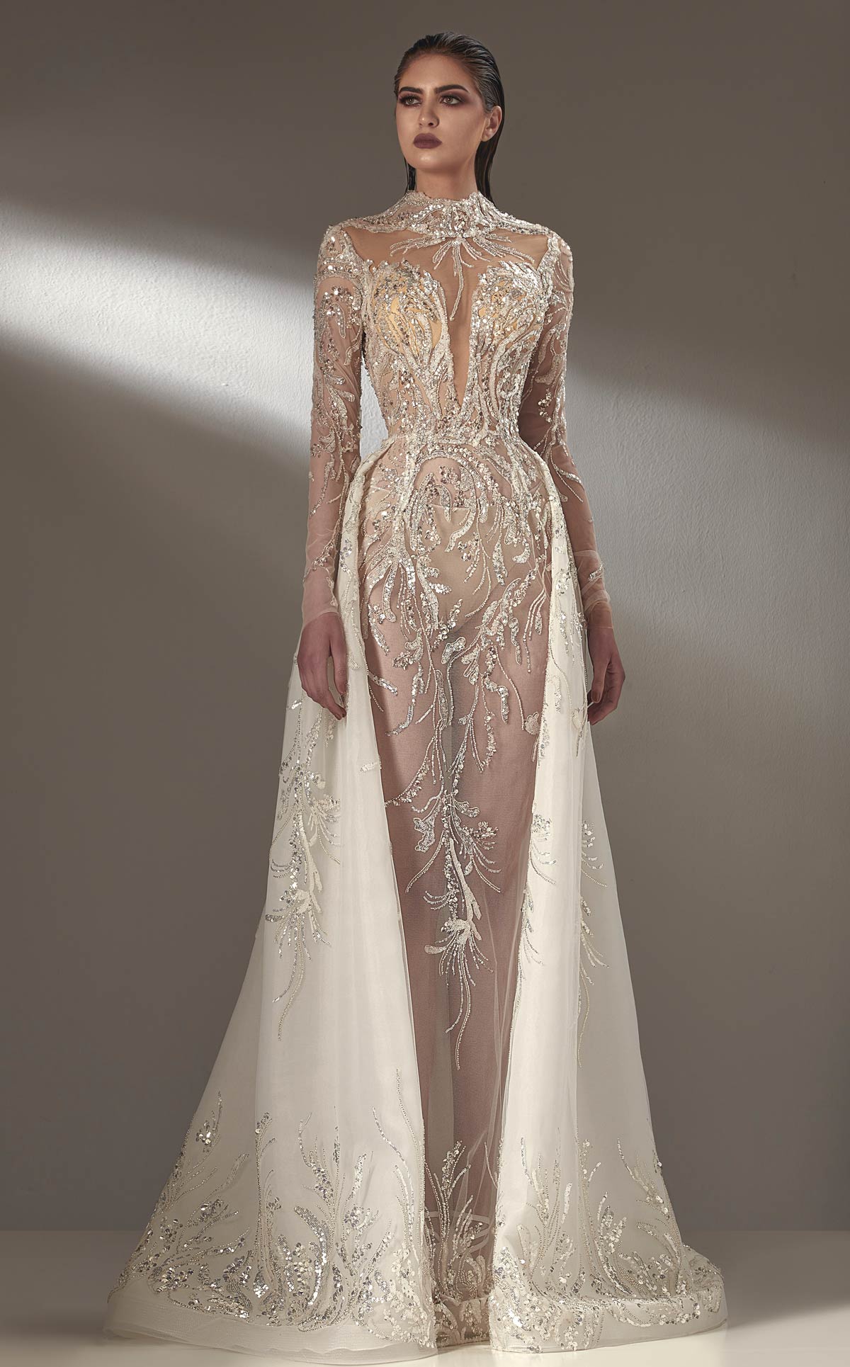 MNM Couture K3895 Off-White Beaded Lace Gown with Overlay Skirt
