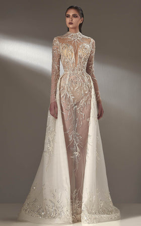 MNM Couture K3895 Off-White Beaded Lace Gown with Overlay Skirt