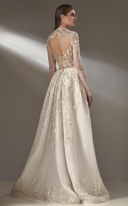 MNM Couture K3895 Off-White Beaded Lace Gown with Overlay Skirt