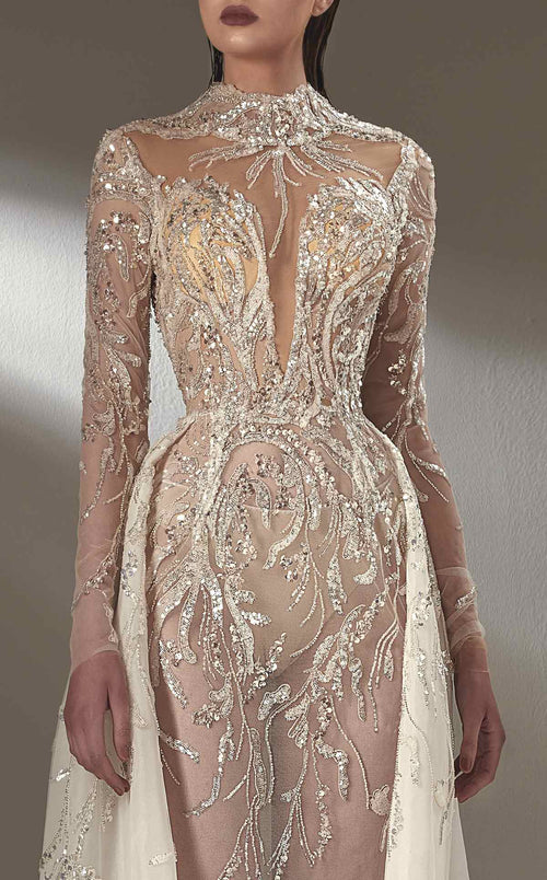 MNM Couture K3895 Off-White Beaded Lace Gown with Overlay Skirt