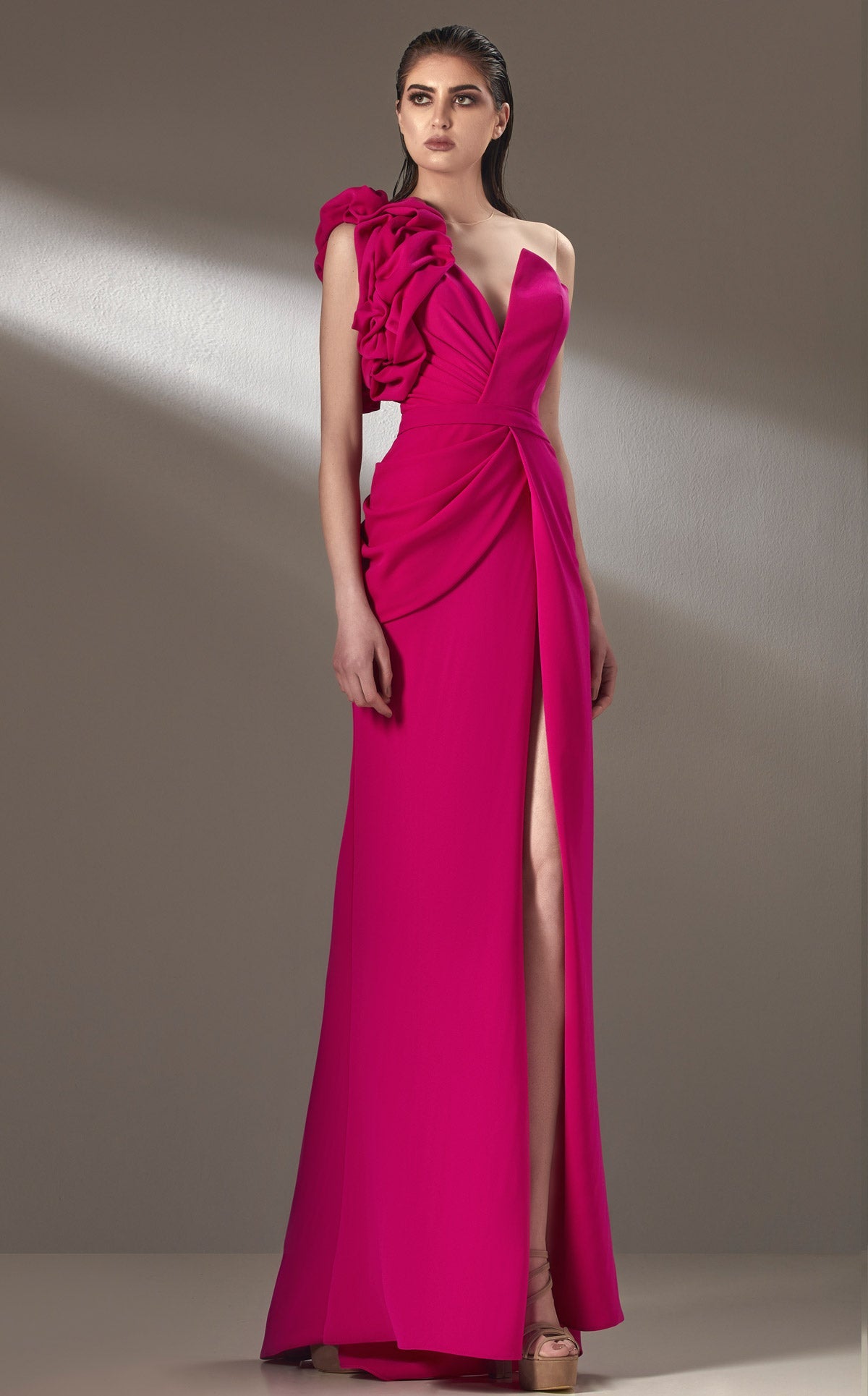 MNM Couture K3904 Red Asymmetrical A-Line Gown with Puffed Shoulder
