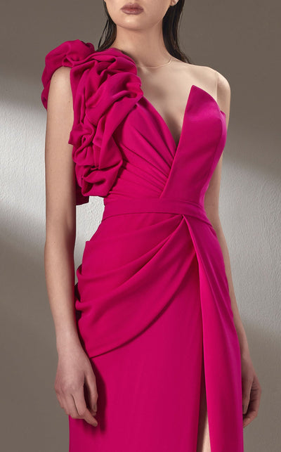 MNM Couture K3904 Red Asymmetrical A-Line Gown with Puffed Shoulder