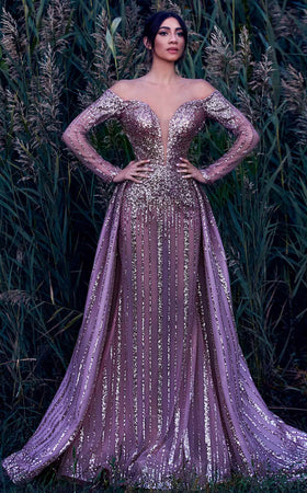 MNM Couture K3913 Pink Sequined Evening Gown with Sheer Sleeves