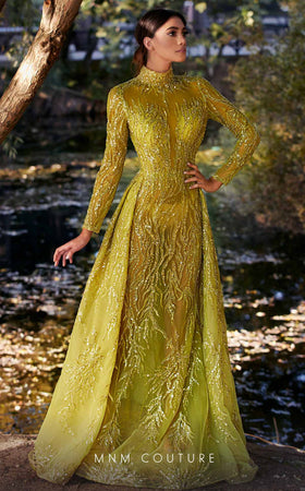 MNM Couture K3926 Olive Beaded High Neck Gown