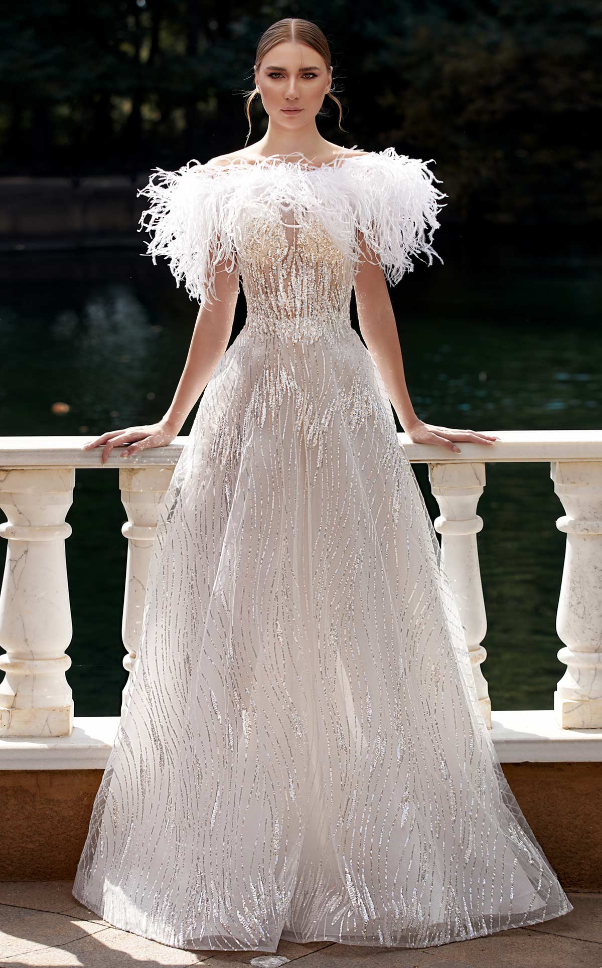 MNM Couture K3933 Blue Feathered Off-Shoulder Gown