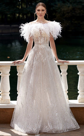 MNM Couture K3933 Blue Feathered Off-Shoulder Gown