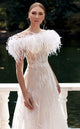 MNM Couture K3933 Blue Feathered Off-Shoulder Gown