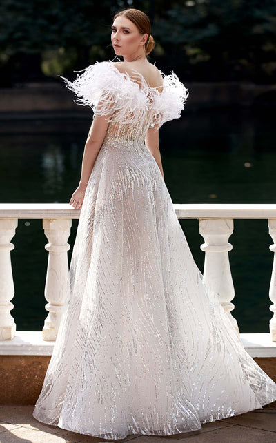 MNM Couture K3933 Blue Feathered Off-Shoulder Gown