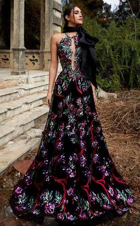MNM Couture K3951 Black Floral Embroidered Halter Evening Gown