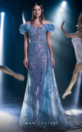MNM Couture K3963 Blue Off-Shoulder Floral Sleeve Gown
