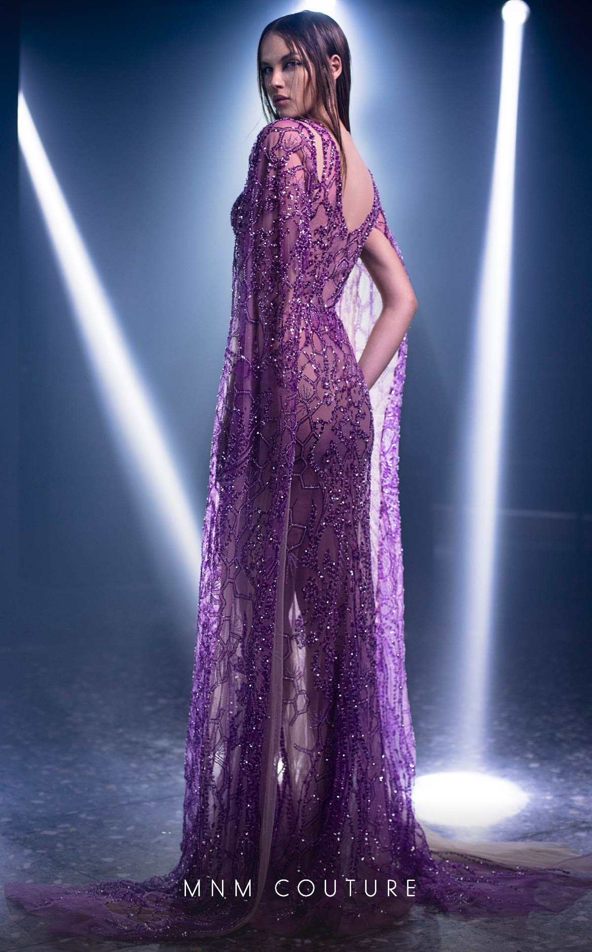 MNM Couture K3965 Sheer Beaded Cape Evening Gown in Purple
