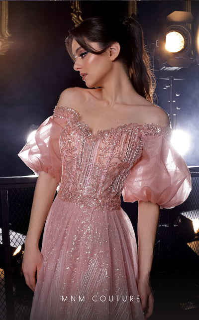 MNM Couture K3971 Pink Off-Shoulder Puff Sleeve Gown