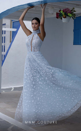 MNM Couture K3997 High Neck Light Blue Beaded A-Line Gown