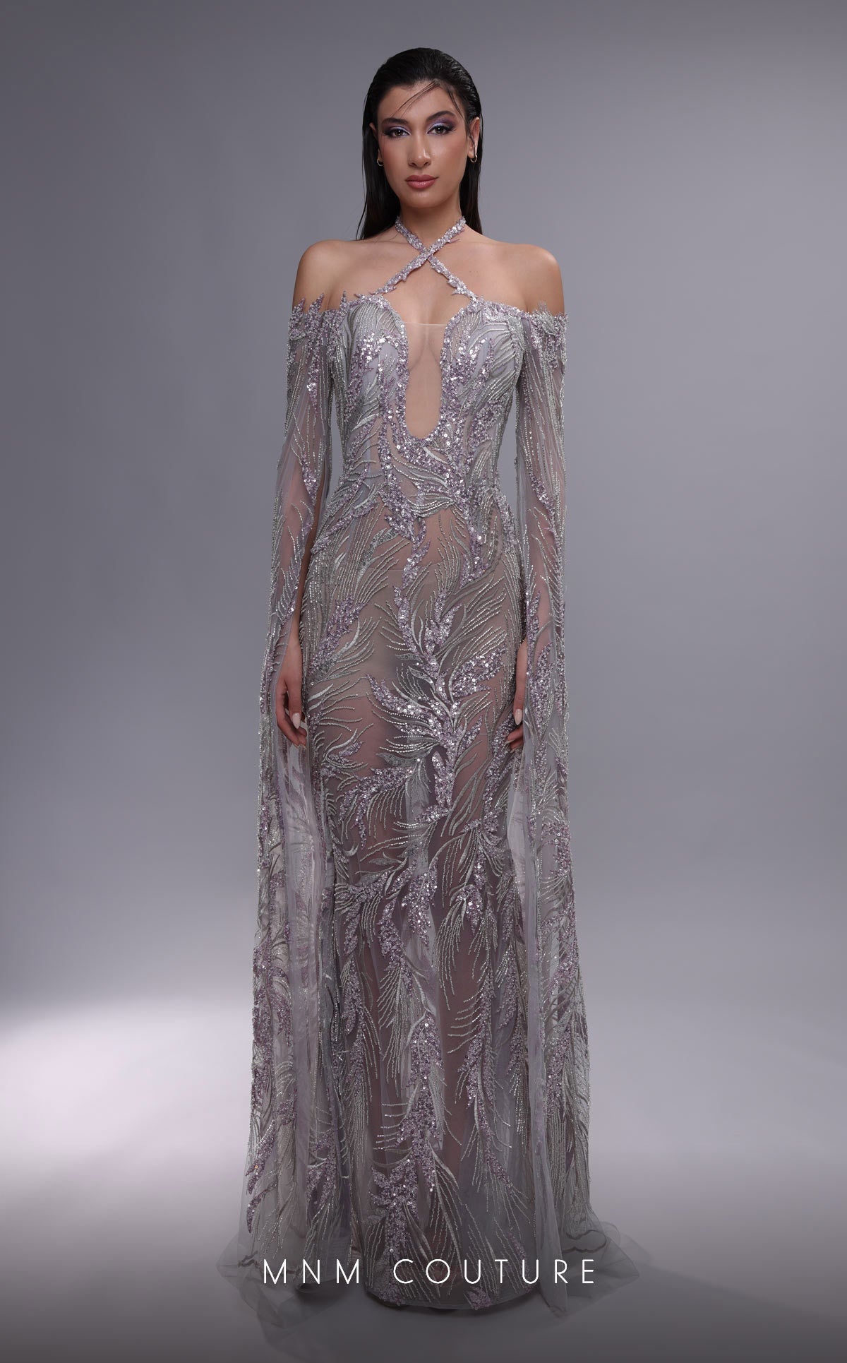 MNM Couture K4090 Grey Plunging Beaded Gown
