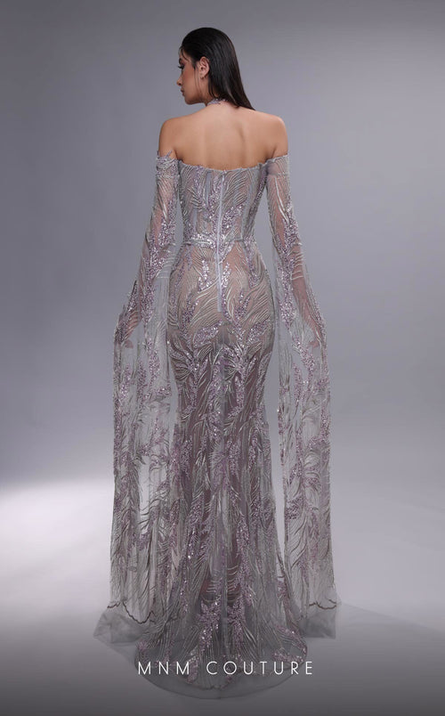 MNM Couture K4090 Grey Plunging Beaded Gown