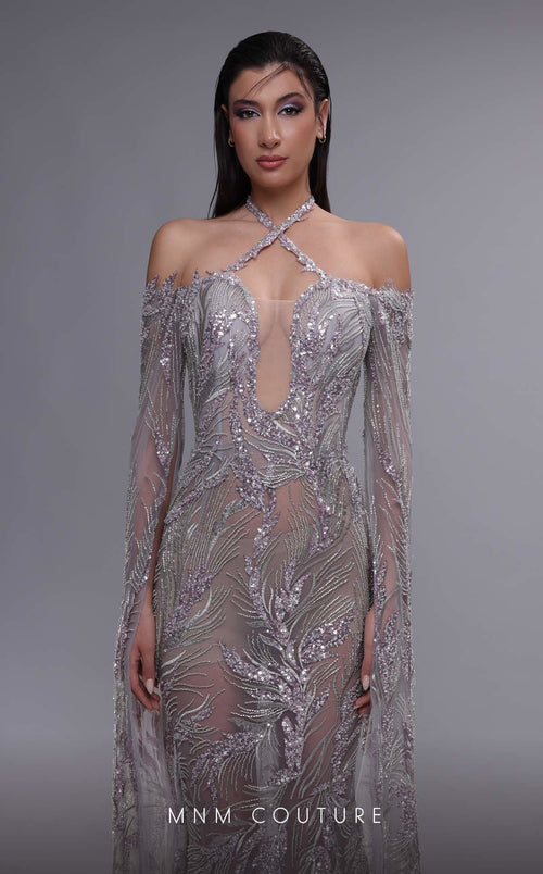 MNM Couture K4090 Grey Plunging Beaded Gown