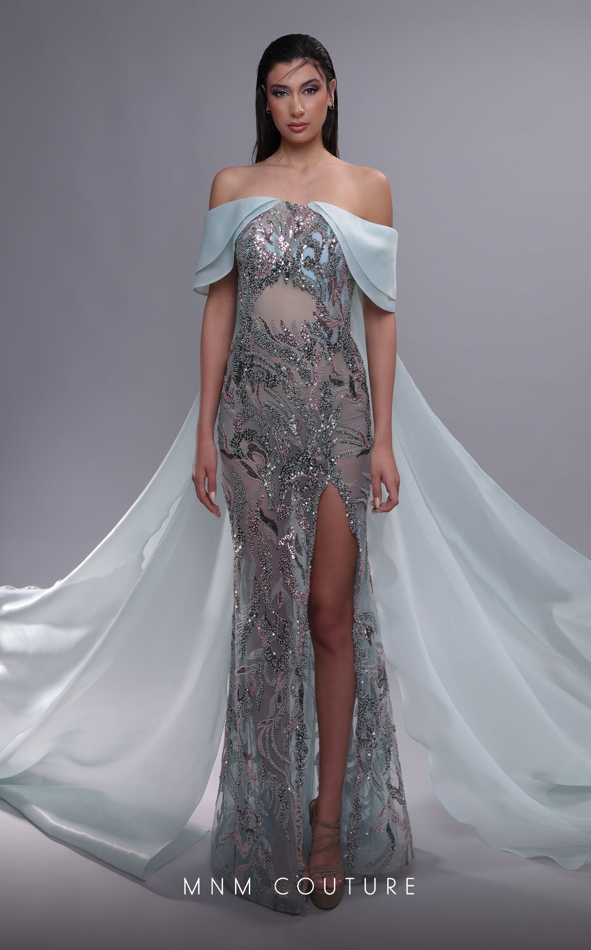 MNM Couture K4092 Aqua Sheath Gown with Illusion Midriff