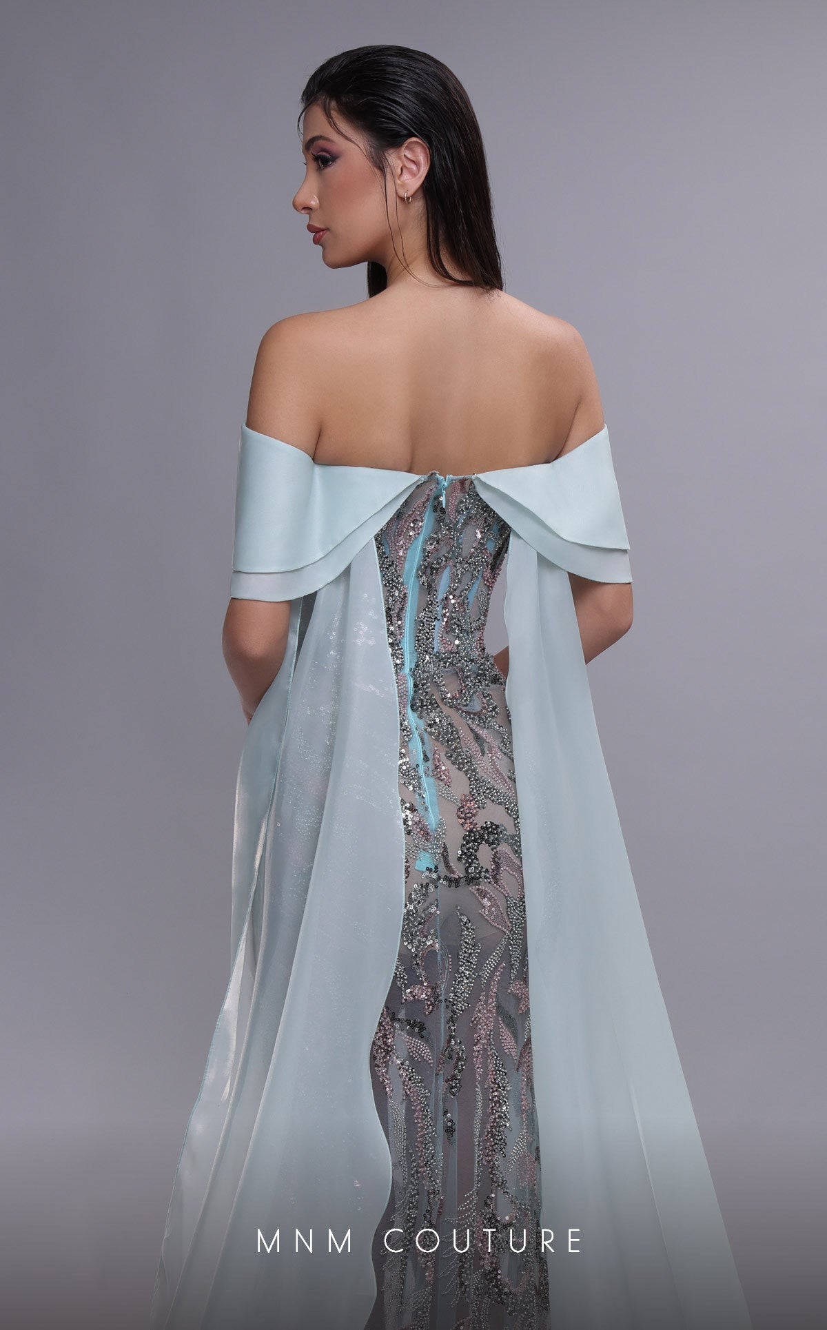 MNM Couture K4092 Aqua Sheath Gown with Illusion Midriff