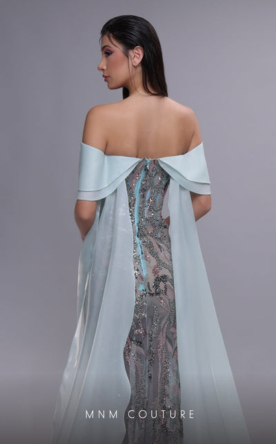 MNM Couture K4092 Aqua Sheath Gown with Illusion Midriff