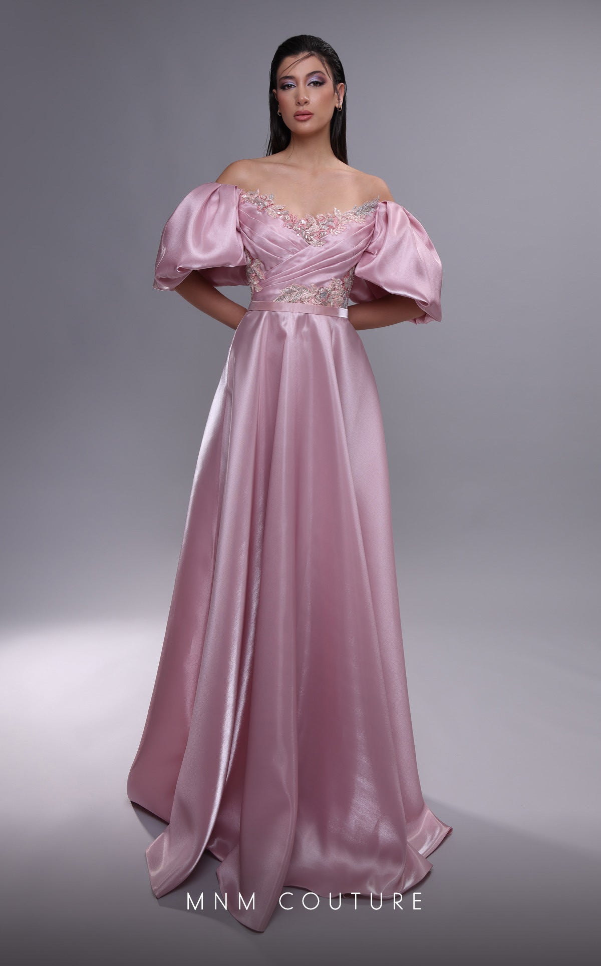 MNM Couture K4094 Off-Shoulder Pink Gown with Open Back